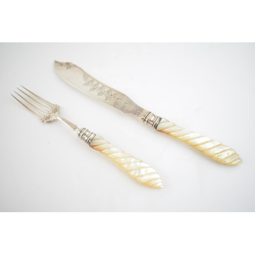 555 - Victorian silver and mother of pearl knife and fork, Birmingham 1873 (2), 22cm long.