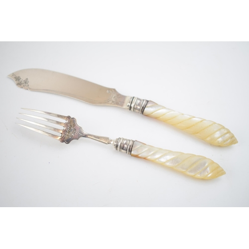 555 - Victorian silver and mother of pearl knife and fork, Birmingham 1873 (2), 22cm long.