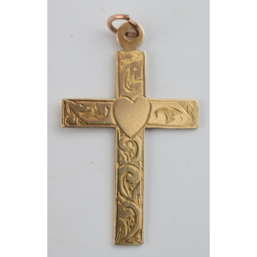 570 - 9ct gold cross pendant, 1.3 grams, 34mm long.