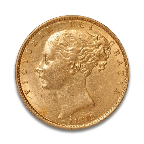 109 - FULL shield back Sovereign gold coin 1862, young head Queen Victoria