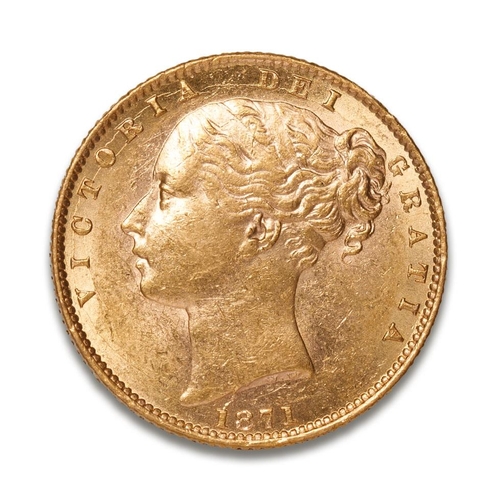 120 - FULL shield back Sovereign gold coin 1871, young head Queen Victoria, die number 19.