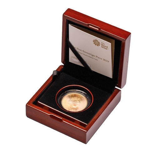 124 - Five sovereign / £5 22ct gold coin 2019, weight 40g.  With polished wooden presentation box, certifi... 