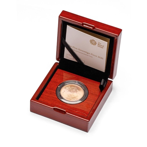 125 - Five sovereign / £5 proof 22ct gold coin 2020, weight 40g.  With polished wooden presentation box, c... 