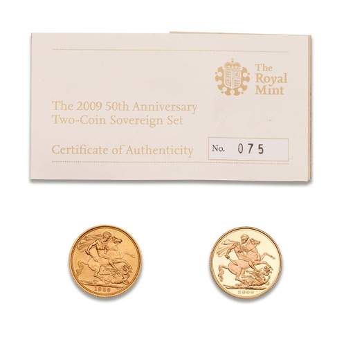 132 - Two x FULL sovereign gold coin set - 2009 50th anniversary.  Dated 1959 & 2009, complete with certif... 