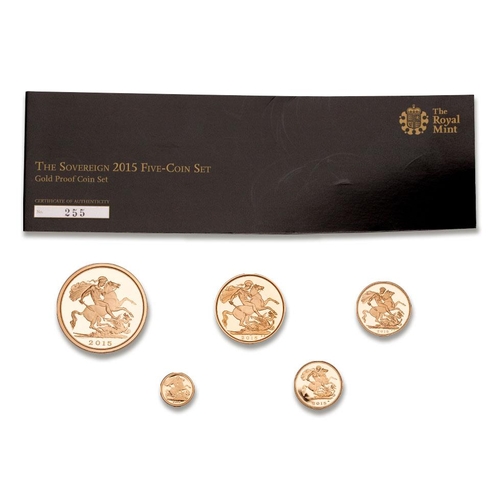 136 - The Sovereign 2015 Five Coin set - gold proof coin set in 22ct gold - £5 (5 x sovereign), double sov... 