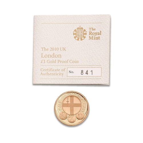 148 - 2010 proof 22ct gold London £1 coin, 19.6g, with numbered certificate.