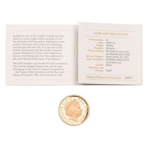 148 - 2010 proof 22ct gold London £1 coin, 19.6g, with numbered certificate.