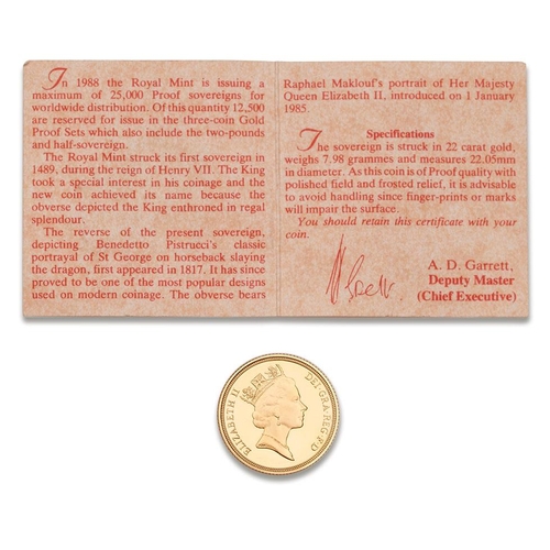 15 - FULL proof sovereign gold coin 1988, with numbered certificate.