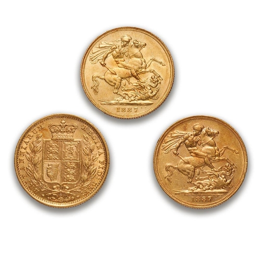 17 - Three x FULL gold Victoria sovereign coins - 1887 jubilee head, 1887 young head M mint mark & 1887 y... 