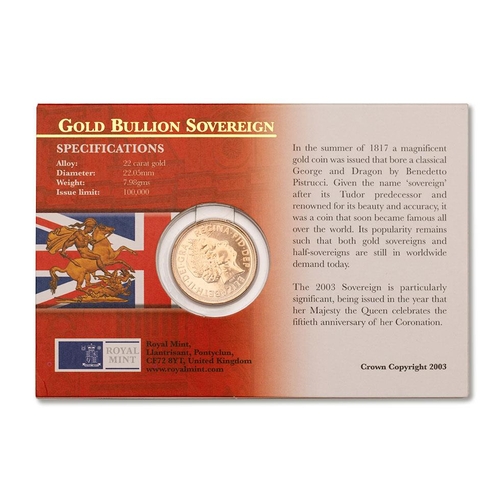 27 - FULL bullion sovereign gold coin 2003, sealed card and envelope.