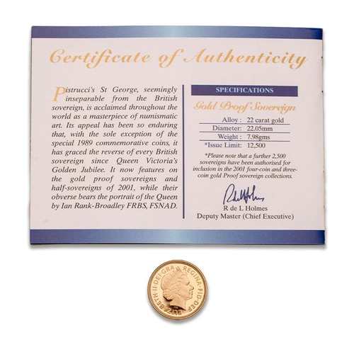 33 - FULL proof sovereign gold coin 2001, with numbered certificate.