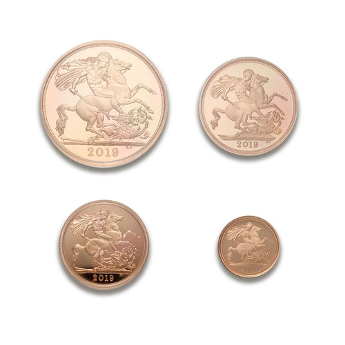 36 - 2019 Four coin proof sovereign 22ct gold set, £2 / double sovereign, Sovereign, half sovereign  & qu... 