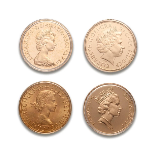 61 - QEII 4 sovereign portrait set, 3 x proof coins & a bullion sovereign.  Complete with polished wooden... 