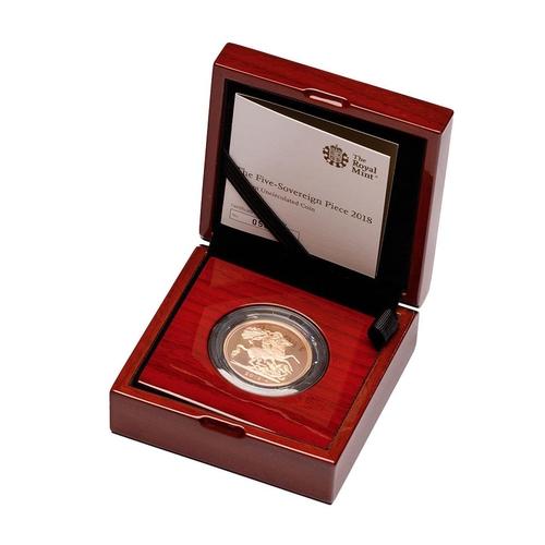 63 - Five sovereign / £5 22ct gold coin 2018, weight 40g.  With polished wooden presentation box, certifi... 