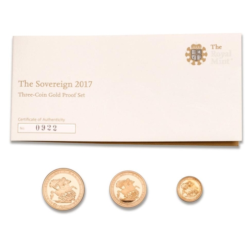 76 - Sovereign 3 coin proof gold set 2017, comprising; Full Sovereign, Half & Quarter, includes numbered ... 