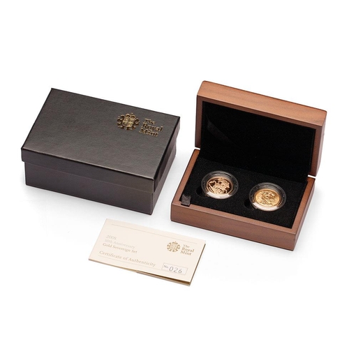 82 - Two x FULL gold sovereign coin 50th Anniversary coin set, with wooden box, card outer box, & numbere... 