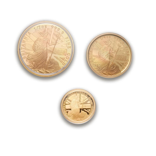 83 - 2020 Three coin proof gold Britannia set comprising £50 / £20 & £10 coins.  Fine gold .999, total go... 