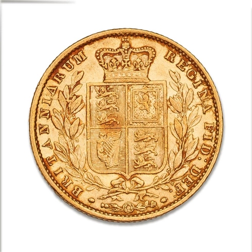 89 - FULL gold shield back sovereign coin 1856, Queen Victoria young head.