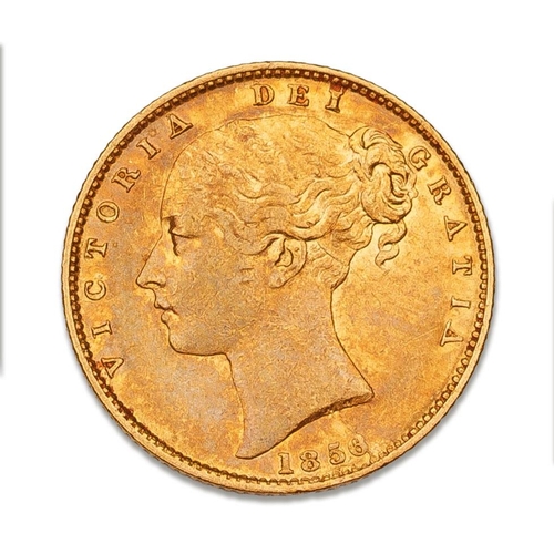 89 - FULL gold shield back sovereign coin 1856, Queen Victoria young head.