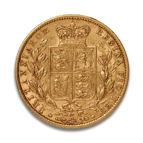 91 - FULL gold shield back sovereign coin 1864, Queen Victoria young head.  Die no. 69