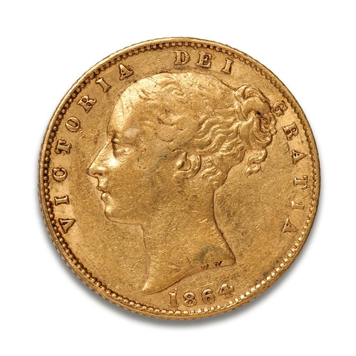 91 - FULL gold shield back sovereign coin 1864, Queen Victoria young head.  Die no. 69