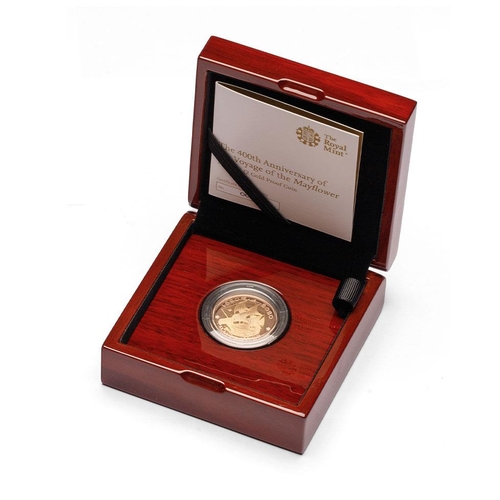 97 - Double sovereign / £2 proof 22ct gold coin, weight 16g.  400th Anniversary of Voyage of the Mayflowe... 