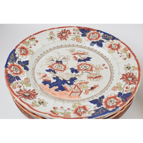 104 - A group of early 19th century Masons Ironstone China transfer-printed and hand-painted dinner wares,... 