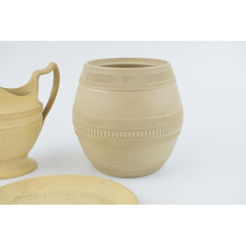 106 - A pair of late 18th century / early 19th century cane ware pottery items, probably by Wedgwood, to i... 