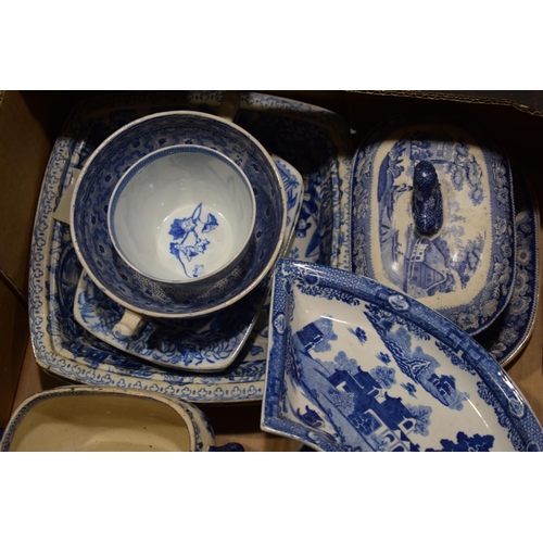 113 - A group of early 19th century British blue and white transfer printed pottery wares to include Spode... 