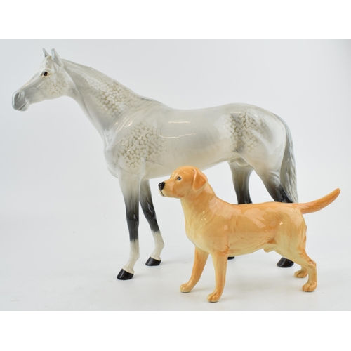 121 - Beswick large racehorse in grey 1564 (chipped ear) with a large labrador (2).