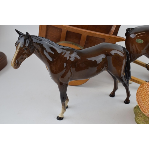 134 - Beswick to include Susie Jamaica (ear chipped), an 818 shire horse with tack and cart, with a brown ... 