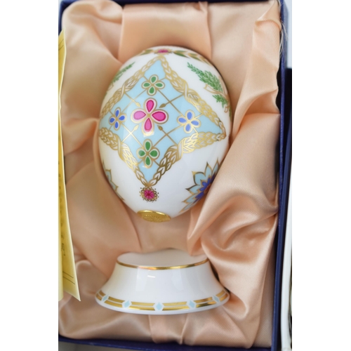 19 - Three Royal Crown Derby Eggs of the World on stands, 2 x Russia pattern and a Japan pattern. each 8c... 