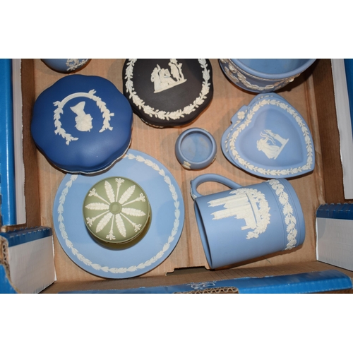 268 - Wedgwood Jasperware in varying colours to include blue, green, black and royal blue to include a tan... 