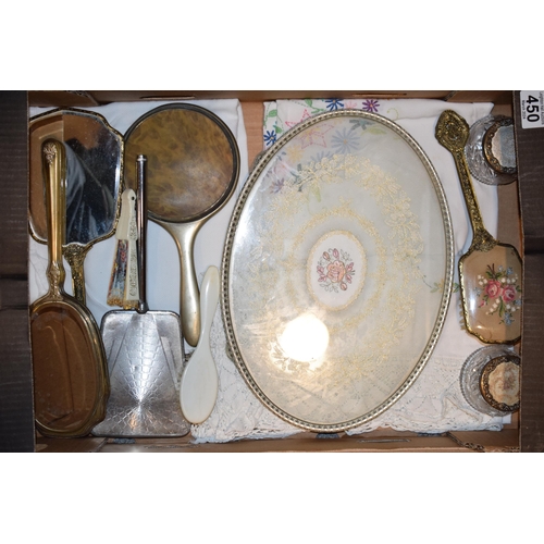 450 - A collection of items to include vintage hand-embroidered linens, vintage mirrors and dressing table... 