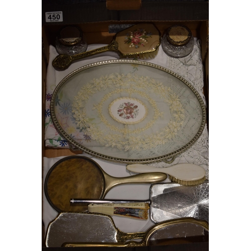 450 - A collection of items to include vintage hand-embroidered linens, vintage mirrors and dressing table... 