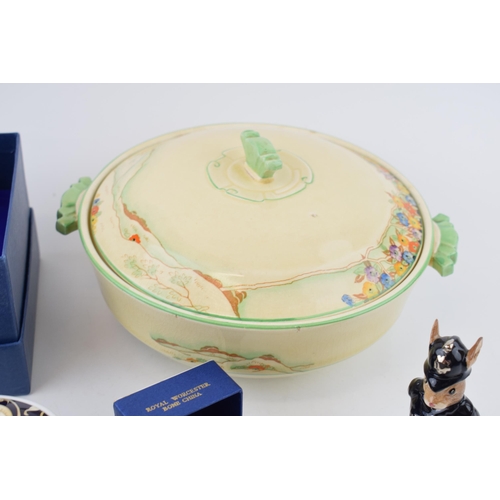 66 - Pottery to include a Royal Doulton Policeman Bunnykins, a Wedgwood Cornucopia trinket, a Halcyon Day... 