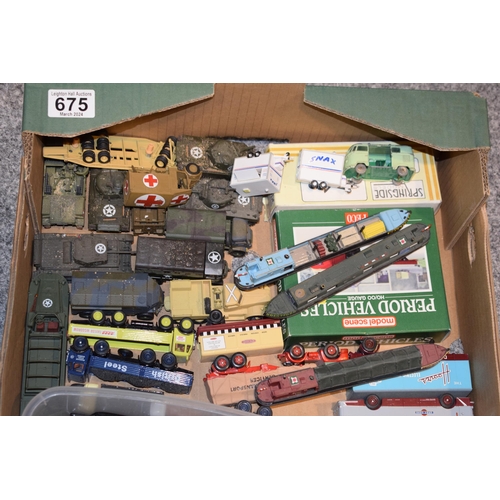 675 - A collection of vintage and contempory die-cast and model vehicles to include railway 00 scale cars ... 