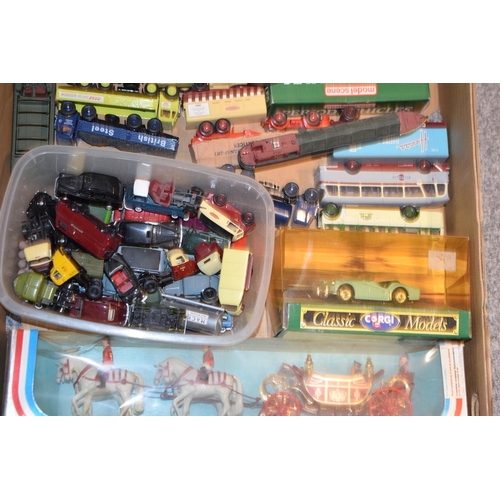 675 - A collection of vintage and contempory die-cast and model vehicles to include railway 00 scale cars ... 