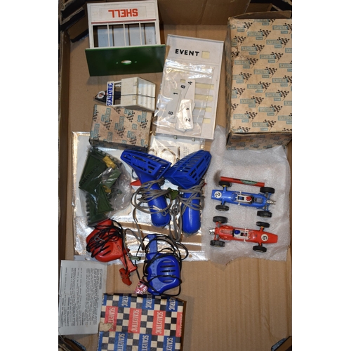 691 - A good collection of vintage Tri-ang Scalextic cars track and accessories to include Cooper C.81 and... 