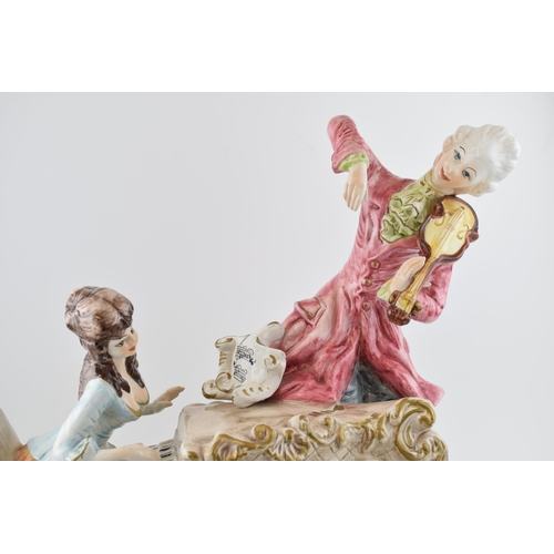 73 - A large Capodimonte pottery figural table lamp tableau of musicians, 45cm wide, collection only.