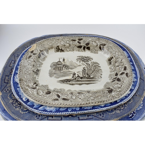 112 - A group of 19th century blue and white pottery Willow pattern platters and other similar. (q)