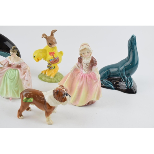 182 - Pottery to include Royal Doulton figures Dinky Do, Sara, Easter Parade Bunnykins, a Beswick Bulldog ... 