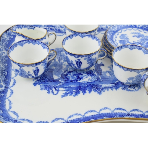 186 - Royal Doulton Watteau flow blue tea set to include a large serving tray, a teapot, a sucrier and a c... 