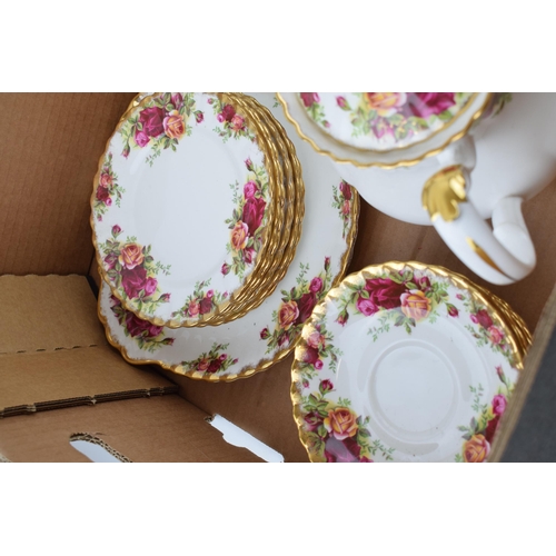 252 - Royal Albert Old Country Roses to include a large teapot, 6 trios, a cake plate, a milk jug and a su... 