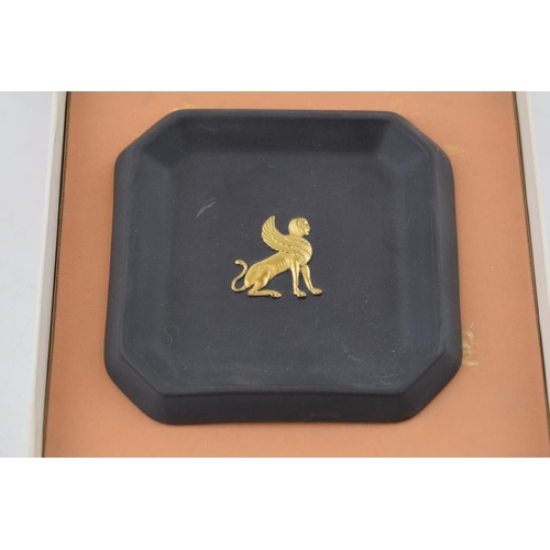 259 - Boxed Wedgwood Egyptian Collection black pin tray with gold relief Sphinx.