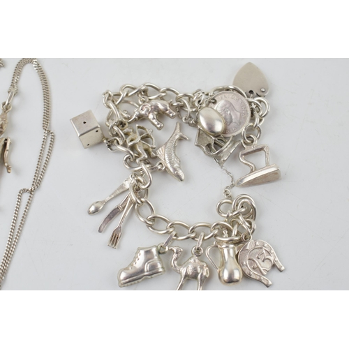 281 - Silver charm bracelet marked .925 with 14 charms and safety chain together with a silver necklace wi... 