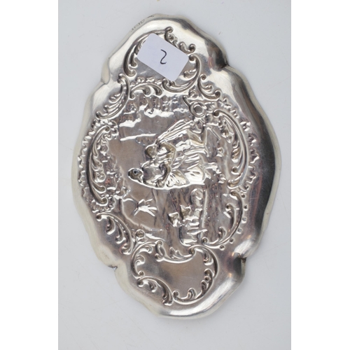 288 - Hallmarked silver embossed pin tray with a romantical scene amongst sheep, London 1904, 33.6 grams, ... 