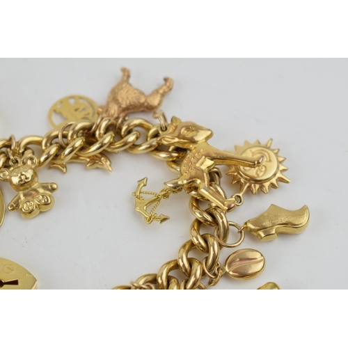 331 - 9ct yellow gold charm bracelet with padlock clasp and safety chain. To include 14 individual charms ... 