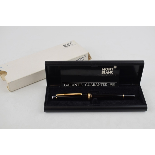 Montblanc Meisterstuck Fountain Pen in black with one broad and two narrow gold bands, 14ct gold 4810 nib, original box and packaging, guarantee showing date of purchase and dealers stamp, fills with ink and writes smoothly, excellent condition.