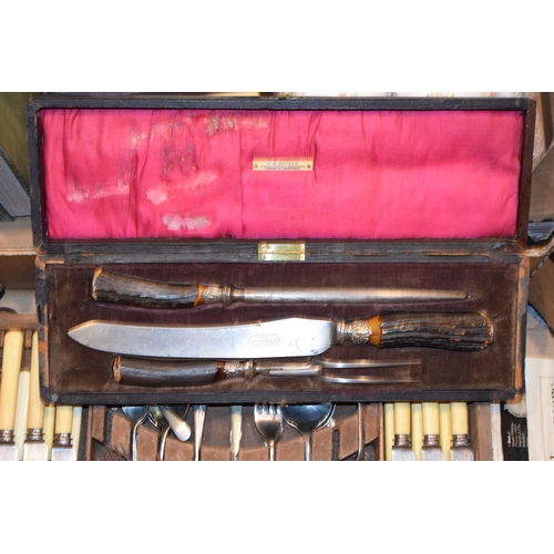 432 - A carving set by J. G. Graves of Sheffield in original velvet lined box. Together with a canteen of ... 